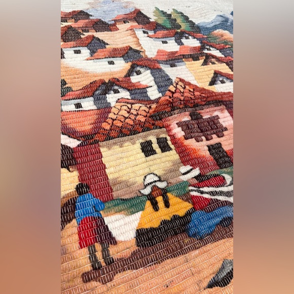 Vintage Peruvian Wool Tapestry Hand Woven Village Scene. - Picture 3 of 4